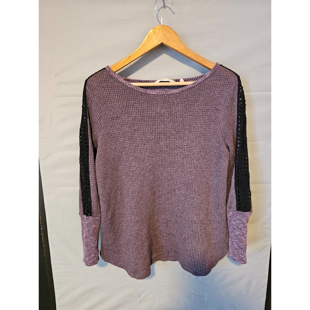 Soft Surroundings Womens PM Purple Waffle Knit Top Black Eyelet Sleeve Detail